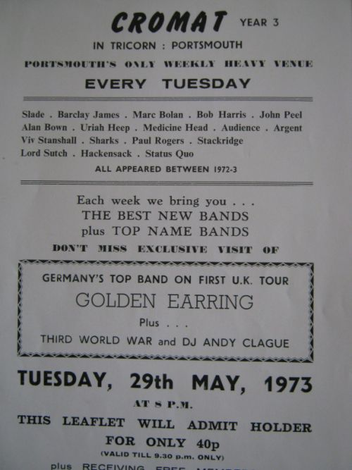 Golden Earring show flyer May 29 1973 Portsmouth - Tricorn Club